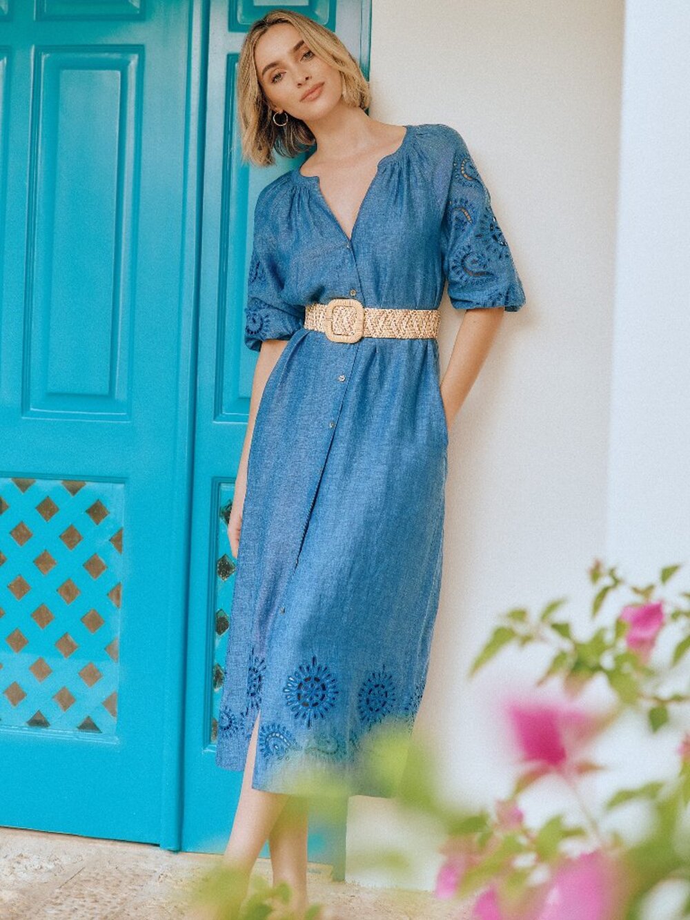 J McLaughlin Charlotta Embroidered Linen Dress - Denim Blue NEW